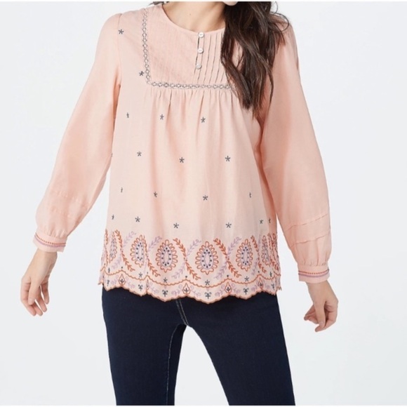 LOGO by Lori Goldstein Embroidered Peasant Style Top - Picture 1 of 16
